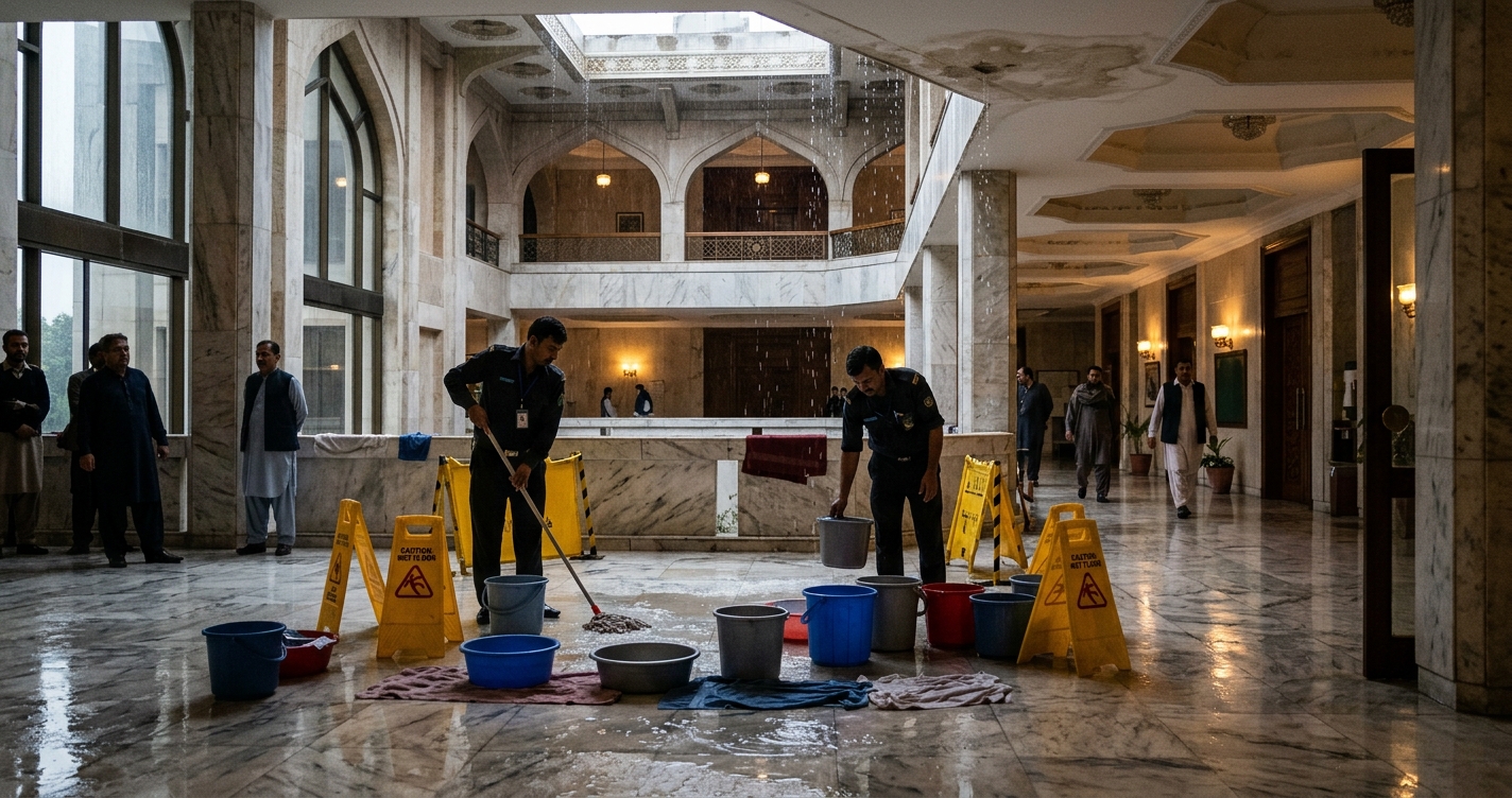 Heavy Rain Causes Roof Leaks at Parliament House